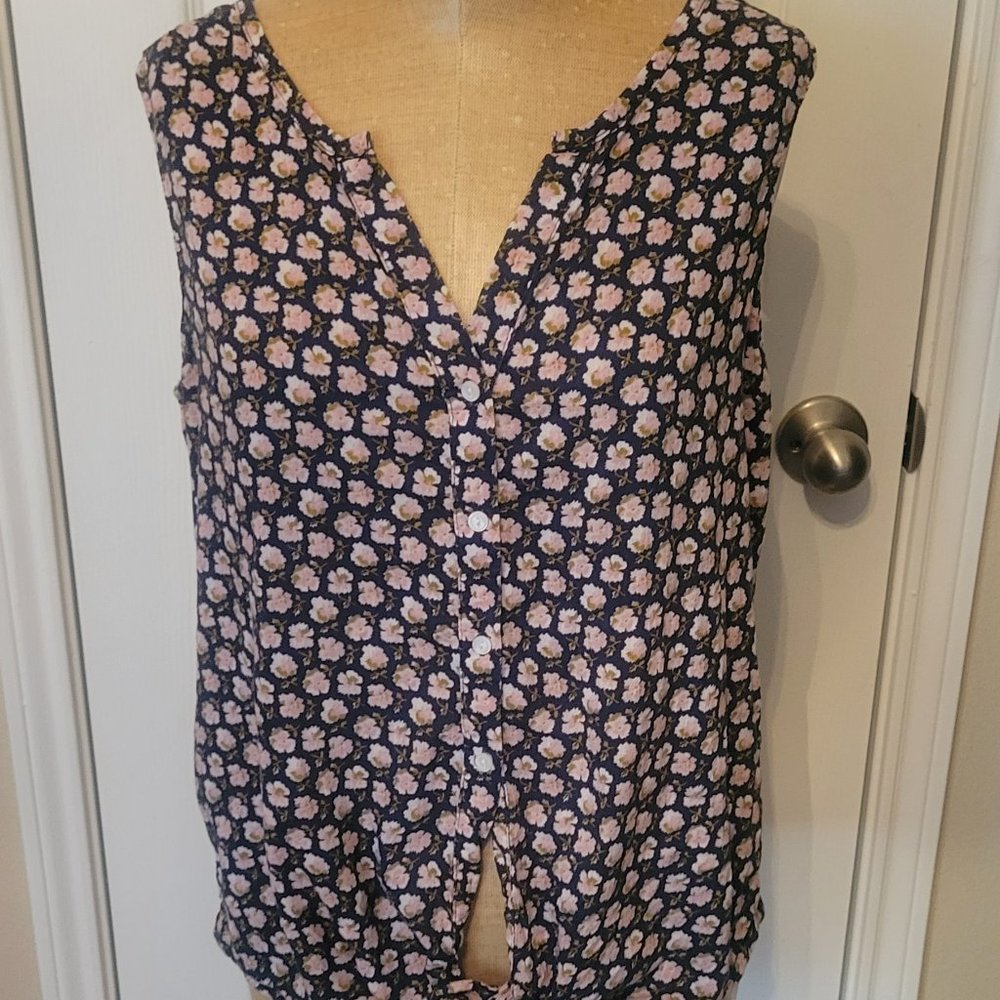 Gap Navy Floral Button-up Tie-front Top